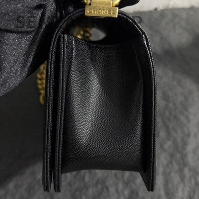 Chanel Le Boy Medium Black Gold Caviar Quilted Chain Shoulder Bag
