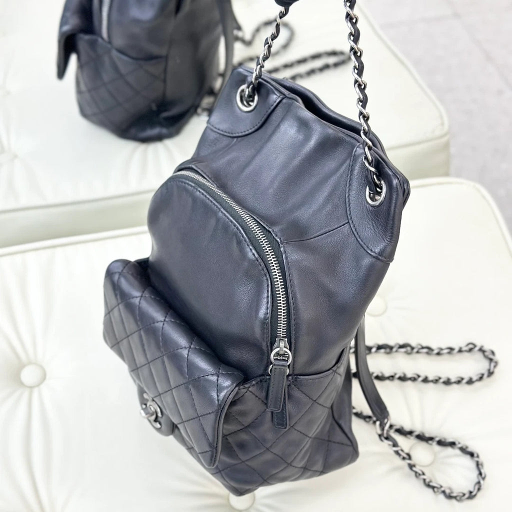 Chanel Backpack Calfskin Chain Black Silver Hardware Women Fashion S