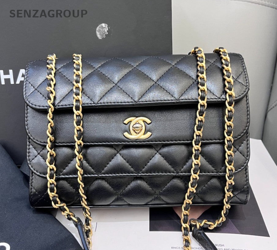 Chanel Calfskin PM Chain Shoulder Bag Black Gold Diamond Women Classic