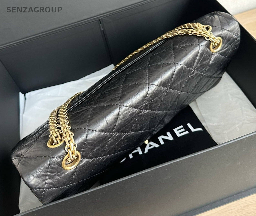 Chanel Calfskin GM Chain Shoulder Bag Black Gold Women Classic Diamond