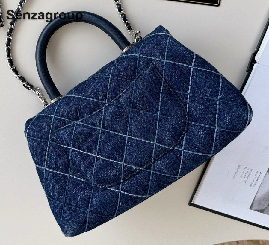 Chanel Coco Handle Denim Chain Top Handle Crossbody Blue Silver Women Diamond