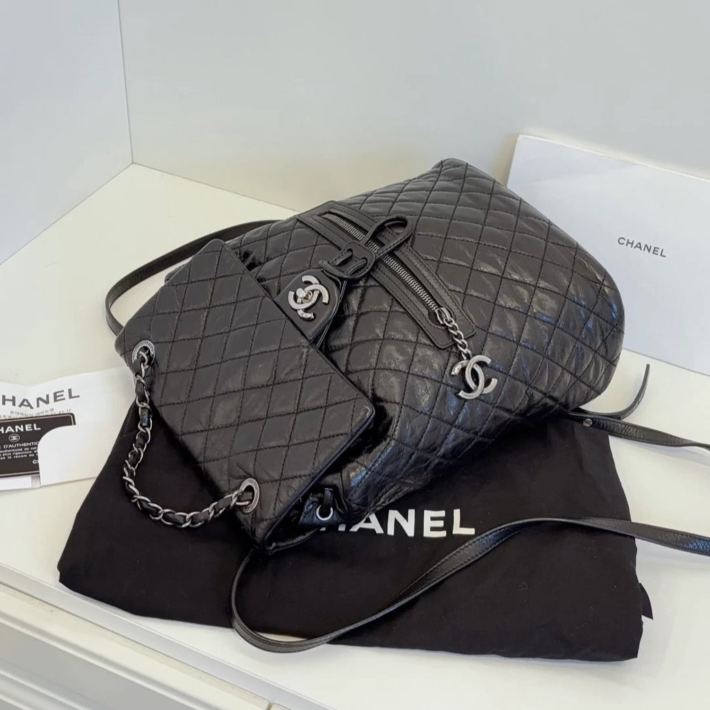 Chanel Calfskin MM Backpack Black Silver Used Women Diamond Classic