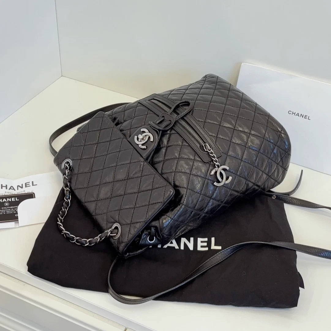Chanel Calfskin MM Backpack Black Silver Used Women Diamond Classic