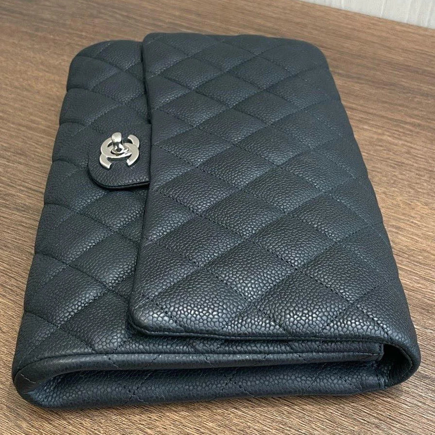 Authentic Chanel Timeless Black Chain Shoulder Bag Diamond Silver Hardware