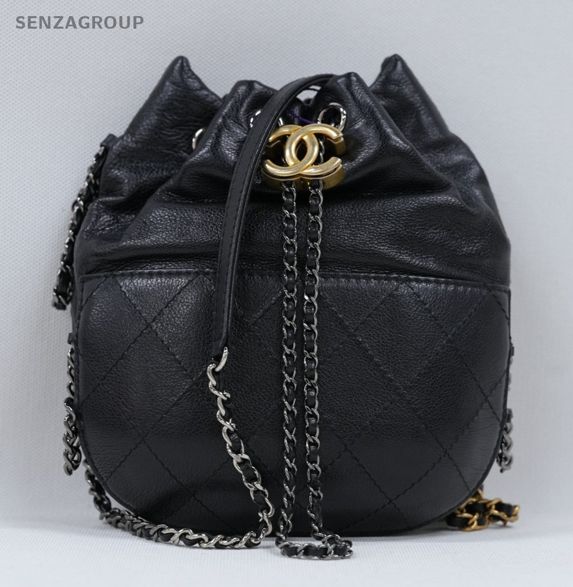 Chanel Calfskin Chain Drawstring Bucket Black Gold Silver Women Classic Fashion