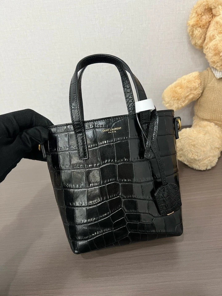 YSL Black Gold Crocodile Embossed Mini Tote Bag For Women