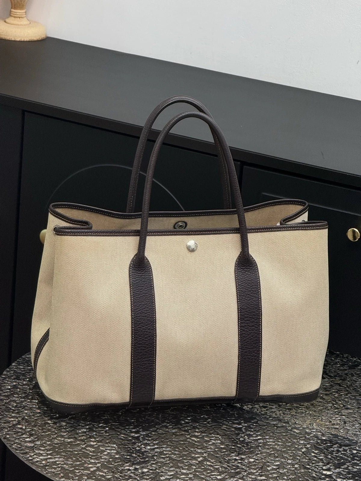 Hermes Garden 36 Tote Canvas Top Handle Shoulder Bag Beige Women Classic