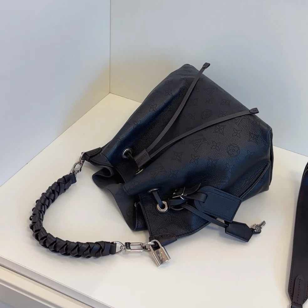Louis Vuitton Muria Calfskin Bucket Top Handle Shoulder Bag Black Silver
