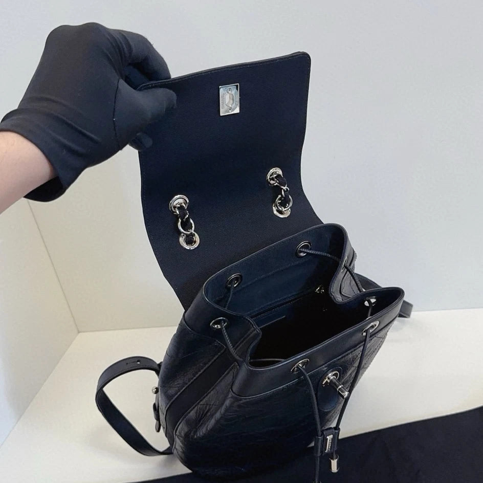 Chanel Diamond Backpack Black Silver Used Women Classic Fashion