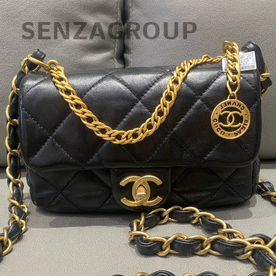 Chanel 23S Gold Coin Chain Shoulder Crossbody Bag Quilted Black Gold