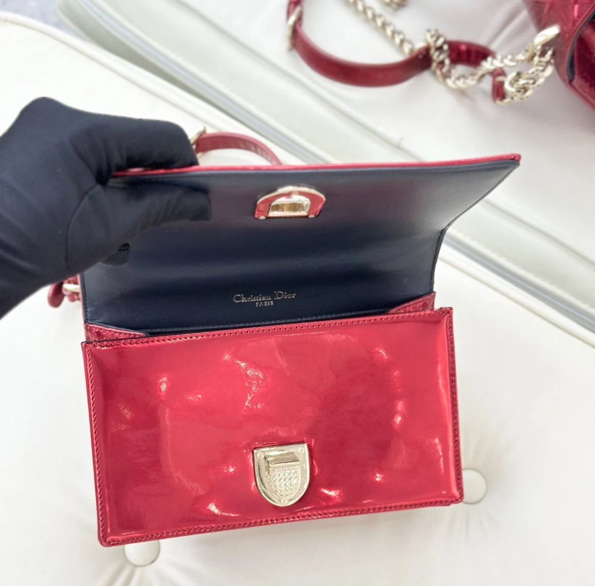 Christian Dior Diorama PM Chain Calfskin Shoulder Bag Crossbody Bag Red Women S