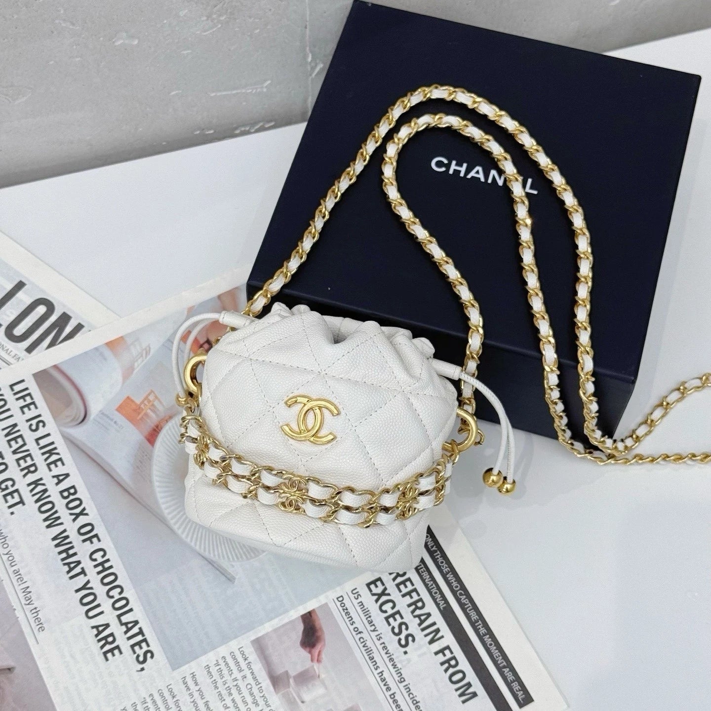CHANEL White Mini Leather Bucket Crossbody Bag For Women