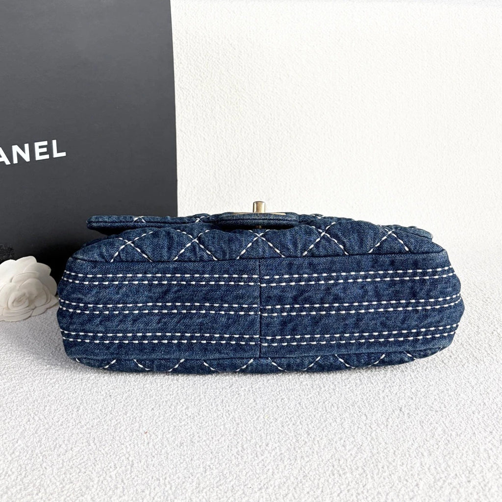 Chanel Classic Flap Denim Chain Shoulder Bag Crossbody Blue Gold Women Diamond