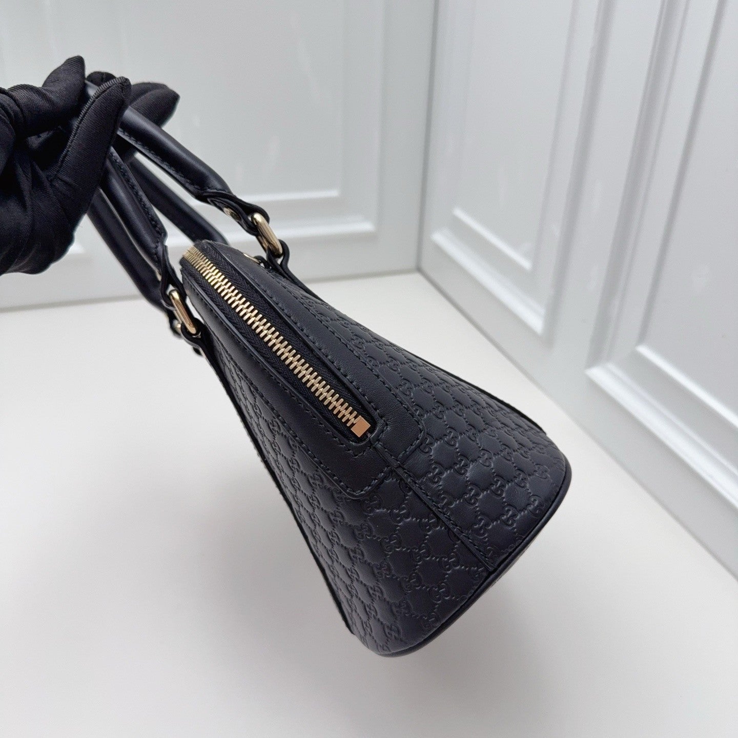 GUCCI Alma bb Monogram Empreinte 2WAY Shoulder Handbag Black Gold Women