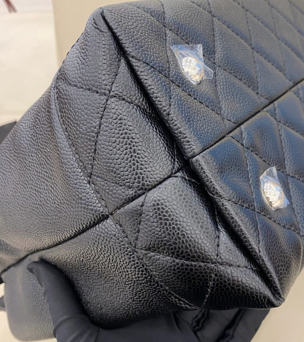 Chanel Calfskin GM Tote Shoulder Bag Black Silver Used Women Classic