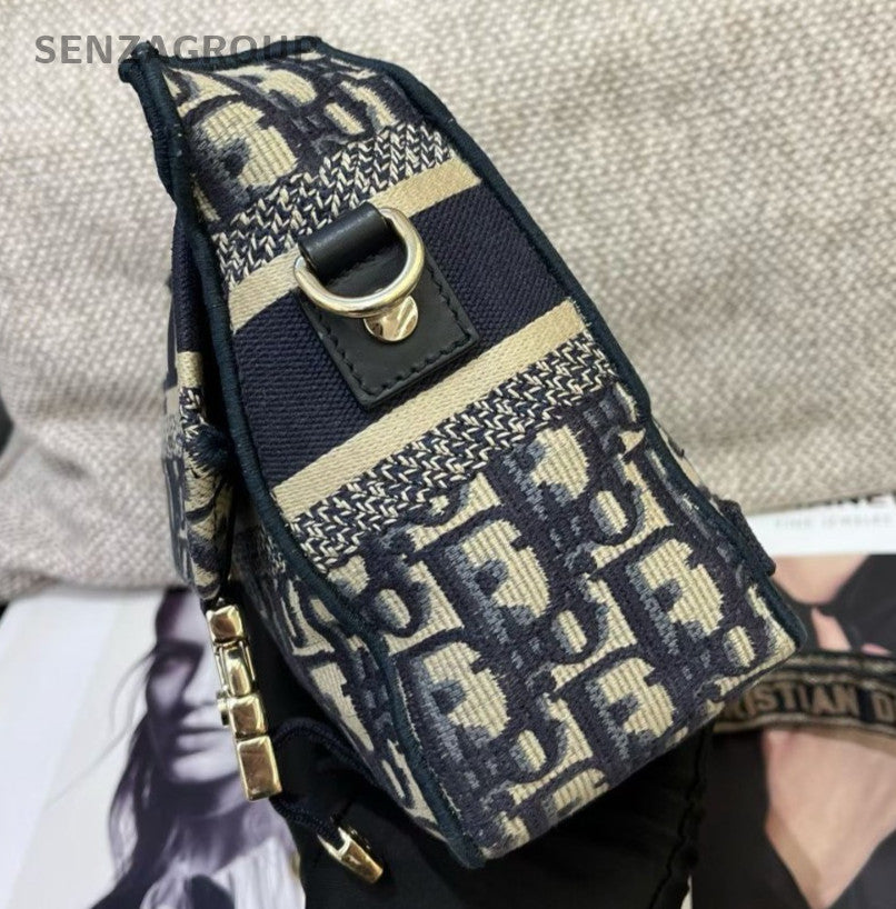Christian Dior Oblique PM Shoulder Bag Blue Gold Used Women Classic Fashion