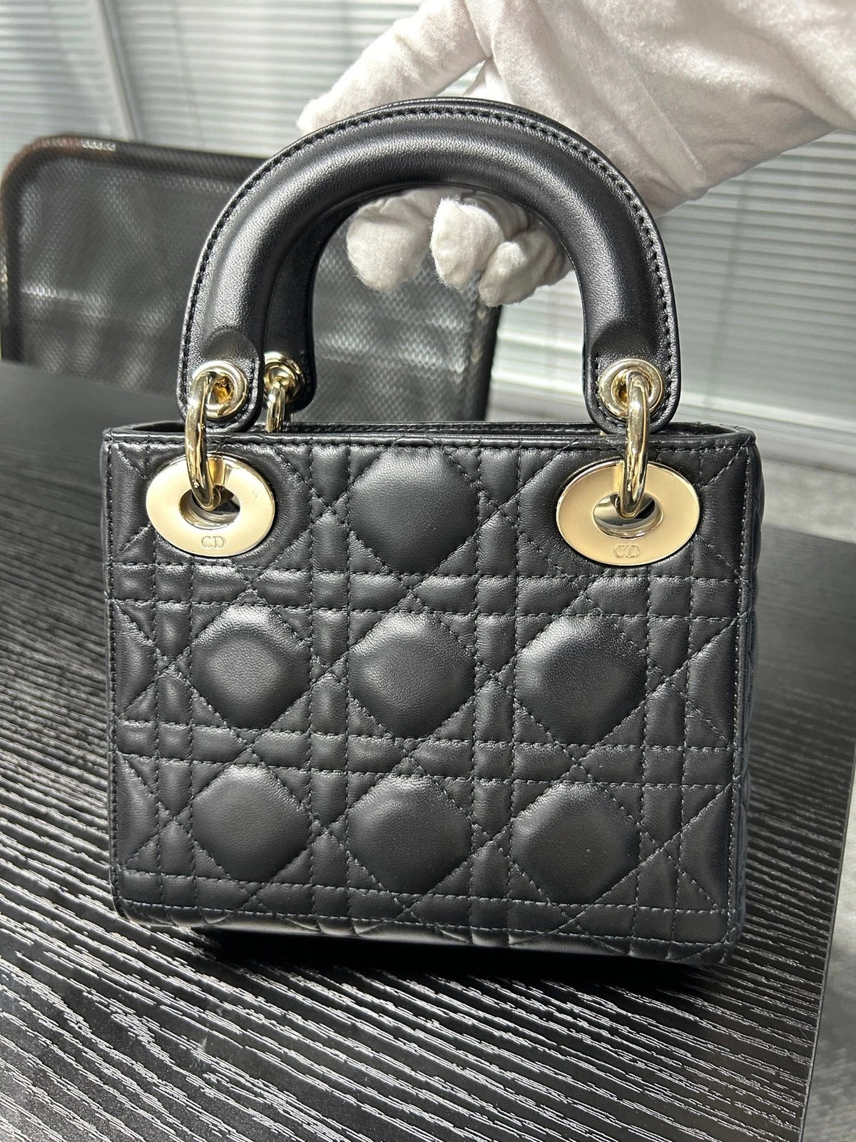 Dior Black Gold Lambskin 3-grid Lady Dior Chain Shoulder Bag For Women