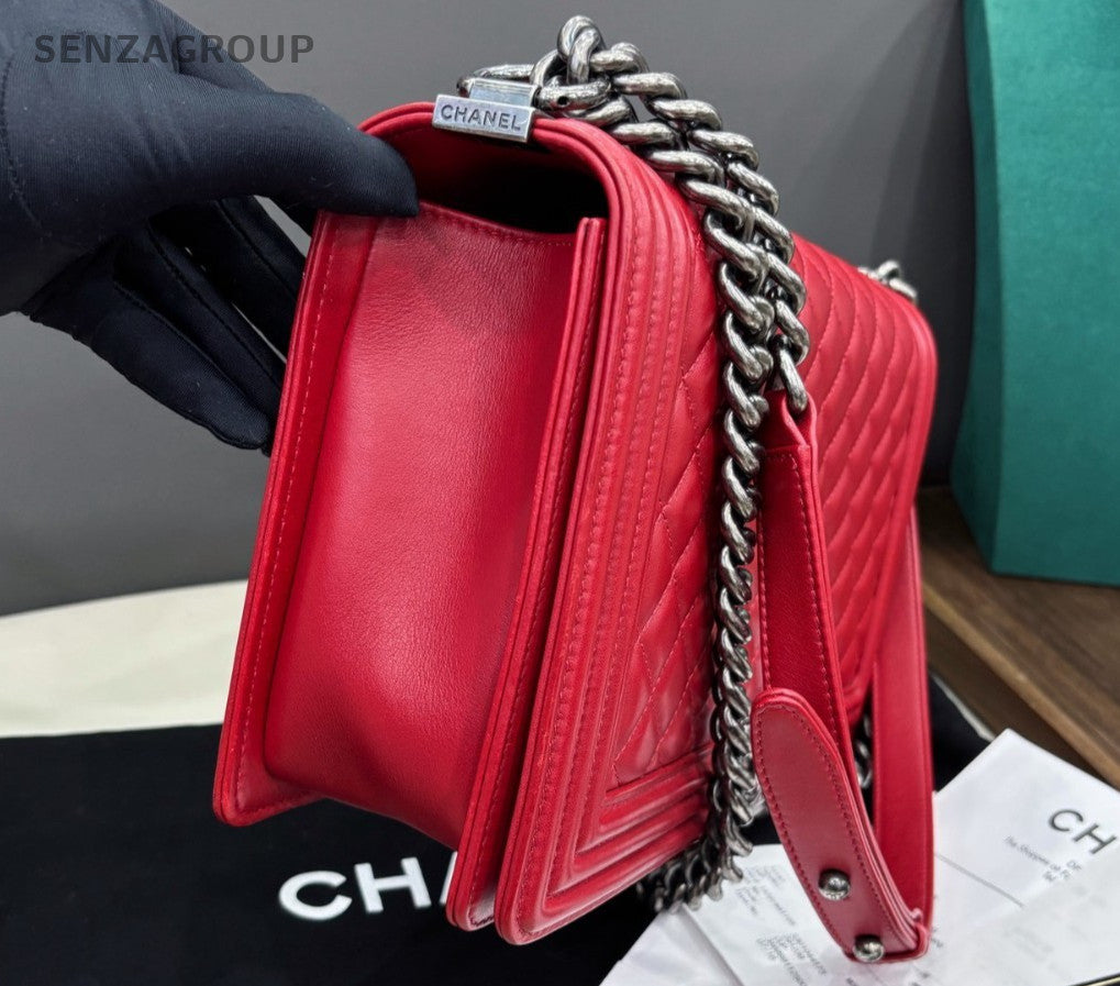 Chanel Leboy GM Chain Shoulder Bag Crossbody Red Silver Women Classic Fashion