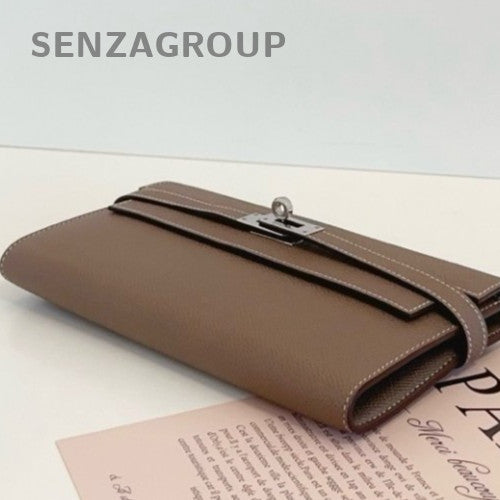 Hermes Kelly Long Wallet Epsom Leather Clutch Bag Gray Women