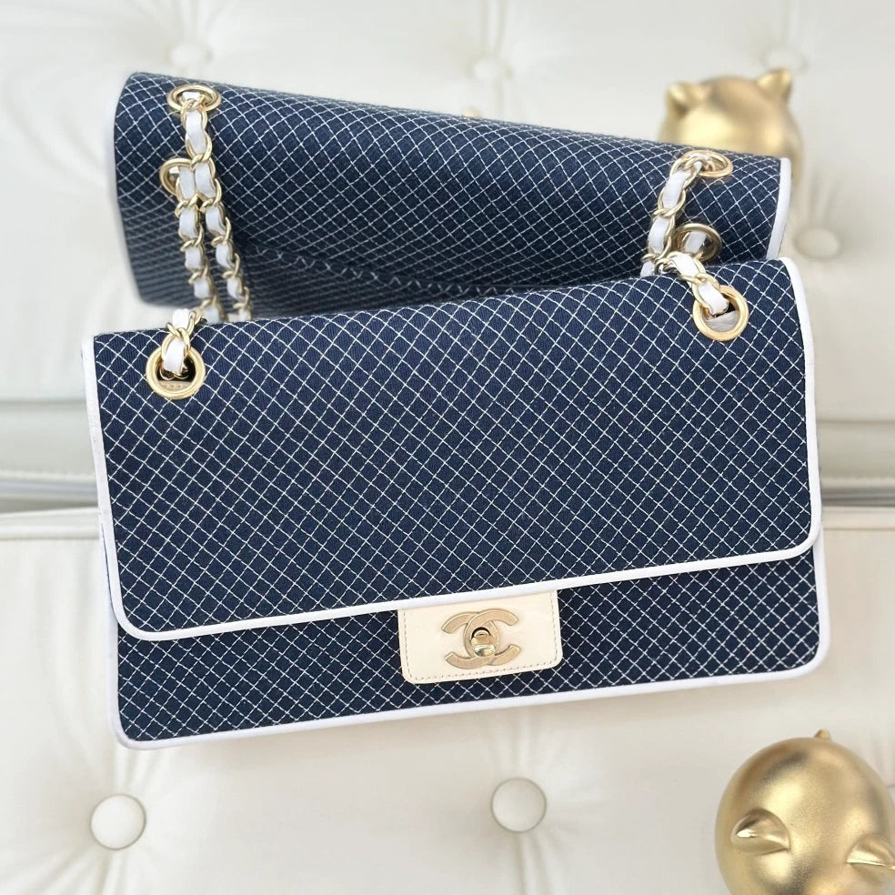 Chanel Classic Flap Grid Canvas Chain Shoulder Crossbody Blue White Gold Women