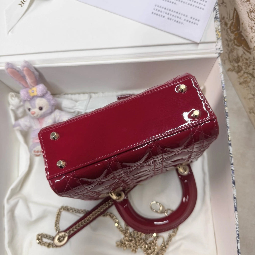 New Dior Red Patent Leather 3-Grid Lady Dior Handbag For Women