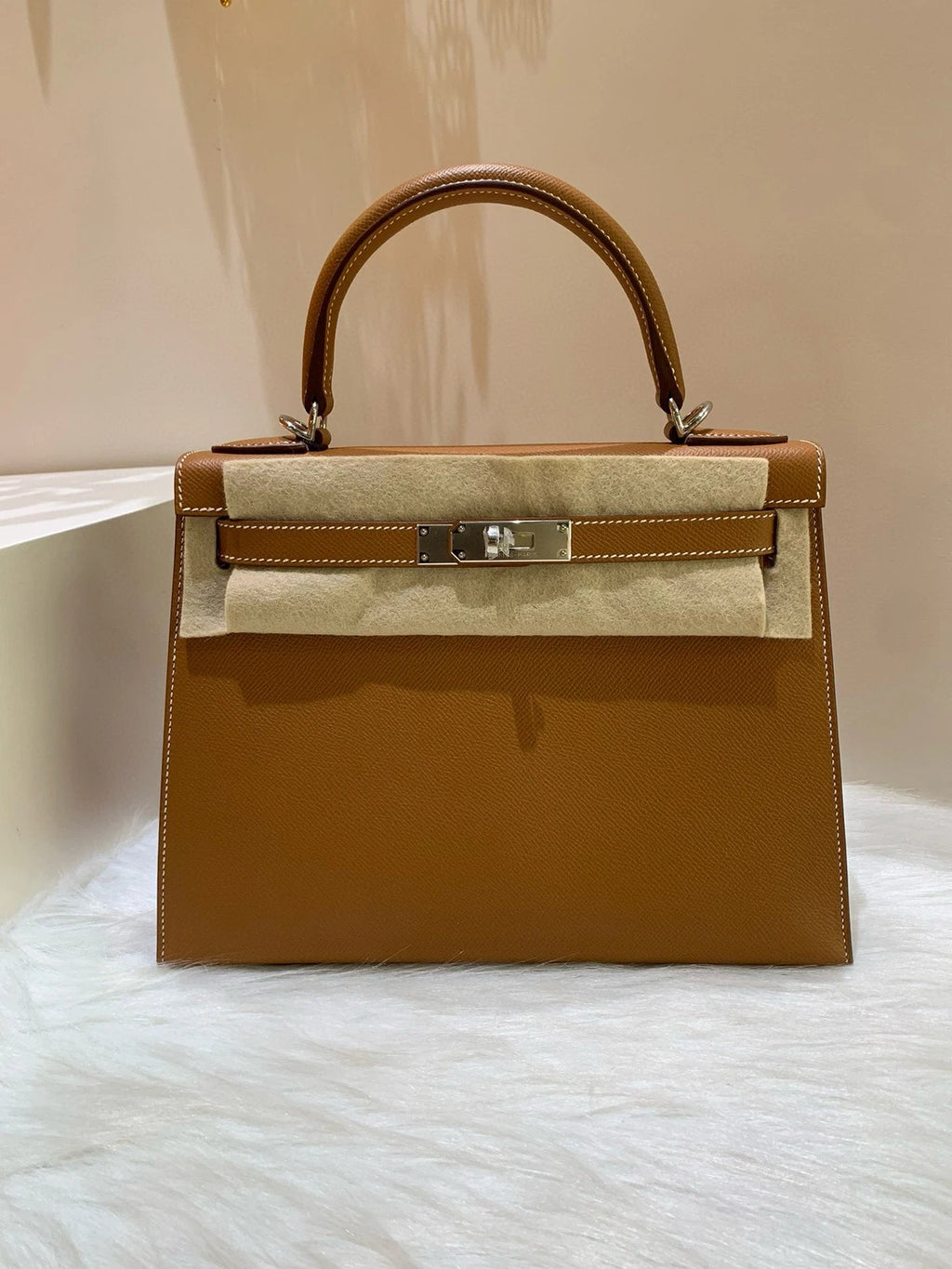 Hermes Kelly28 Gold Brown Epsom Silver Hardware Handbag For Women