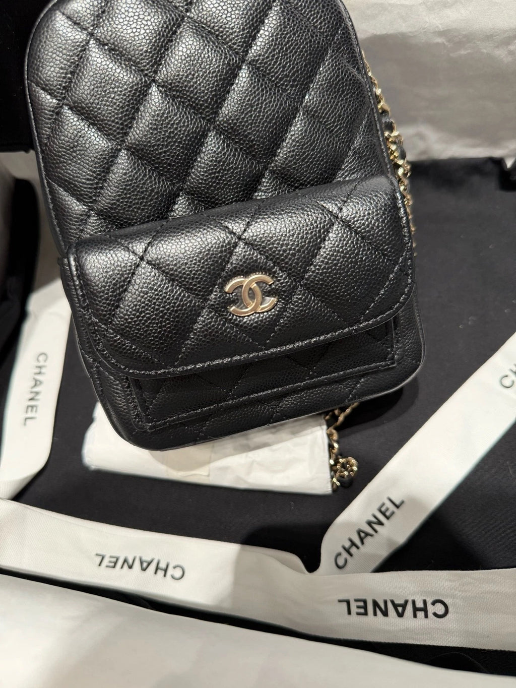 CHANEL Black Gold Caviar Leather Mini Backpack For Women