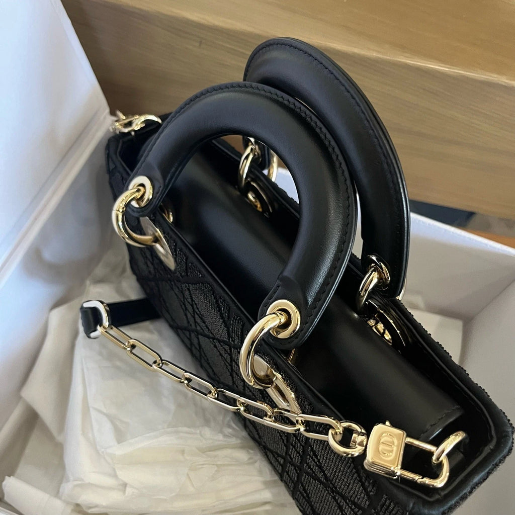 Dior Lady Dior Black Shoulder Bag Top Handle Excellent