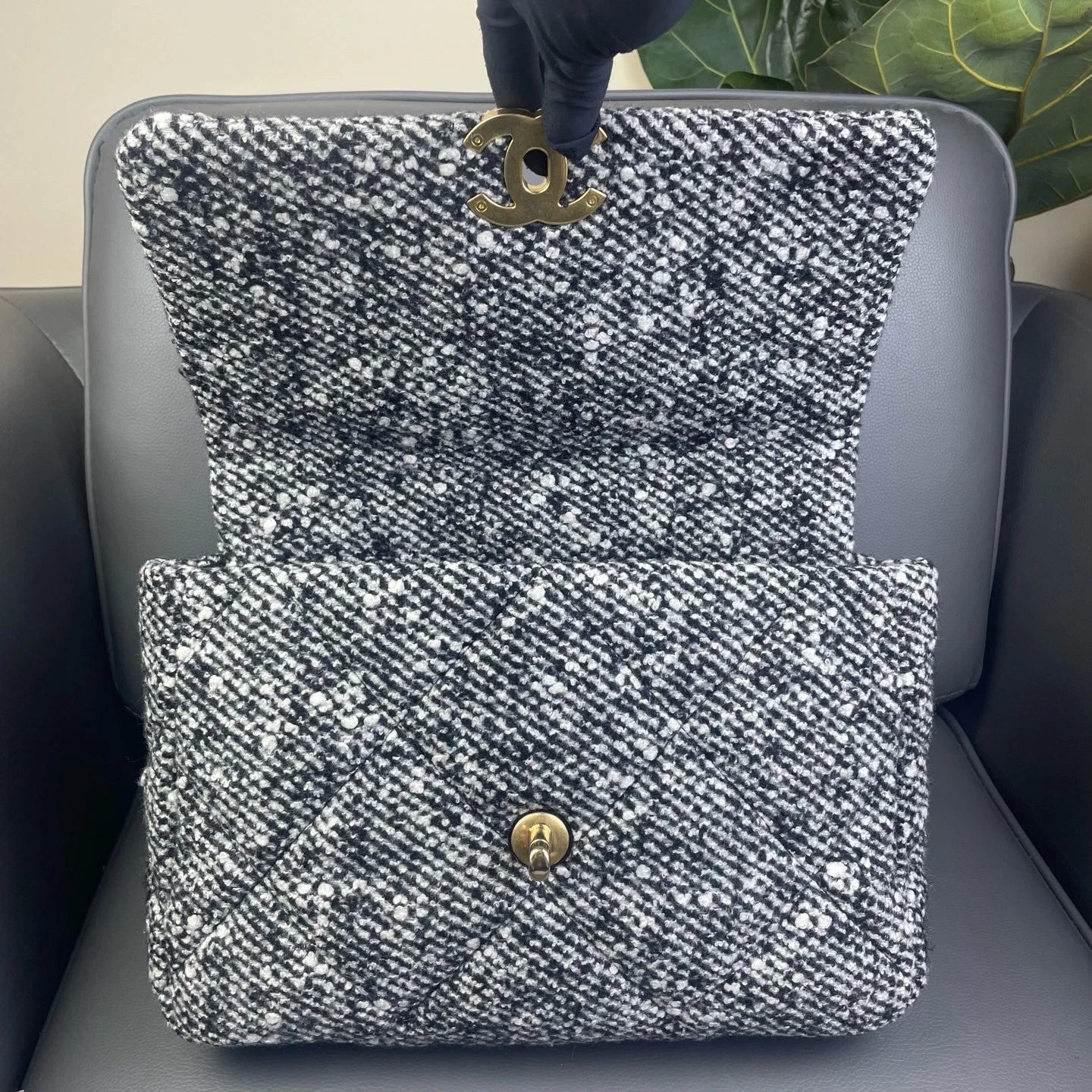 CHANEL 19 Large Wool Leather Shoulder Crossbody Handbag For Women