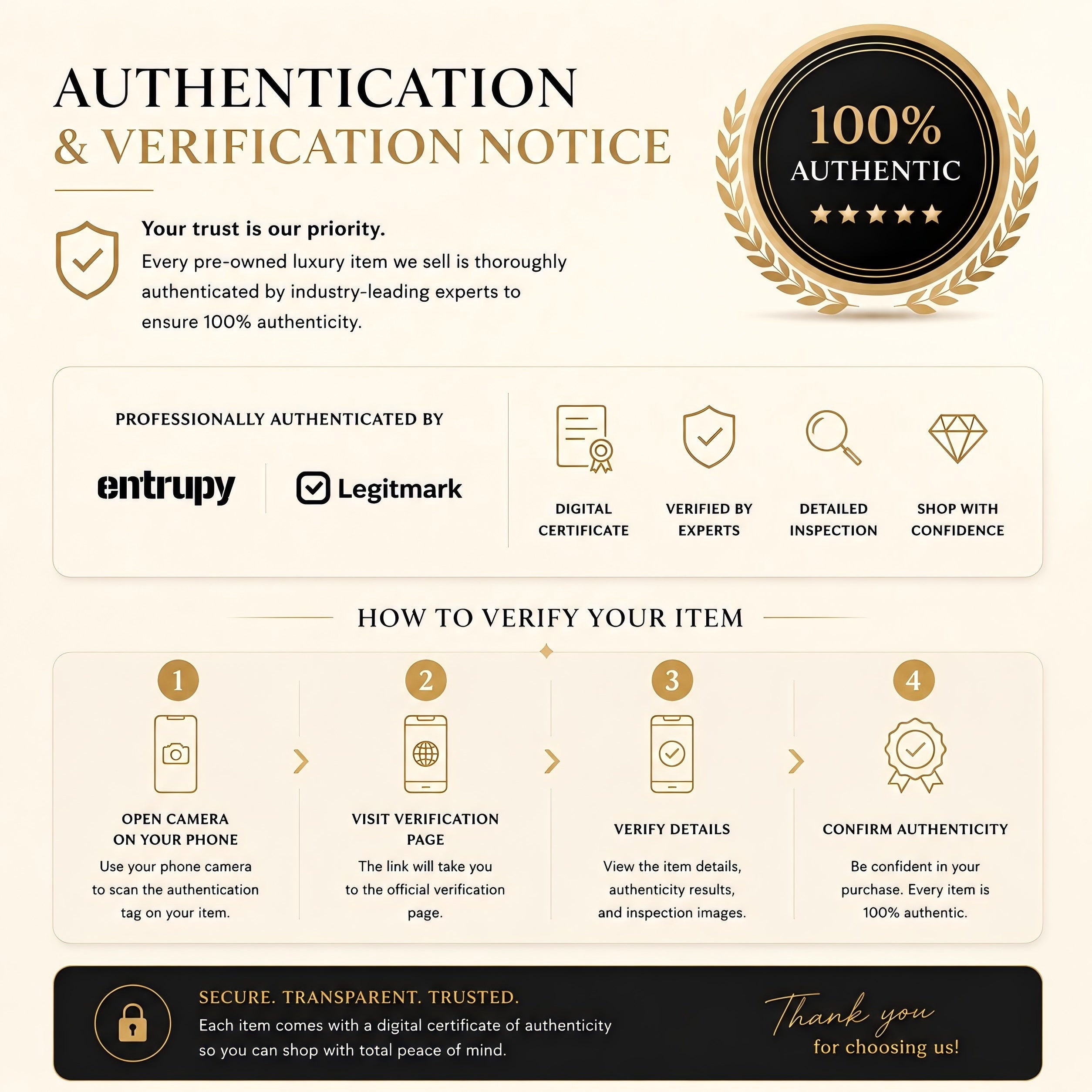 Senza Luxury authentication and verification notice